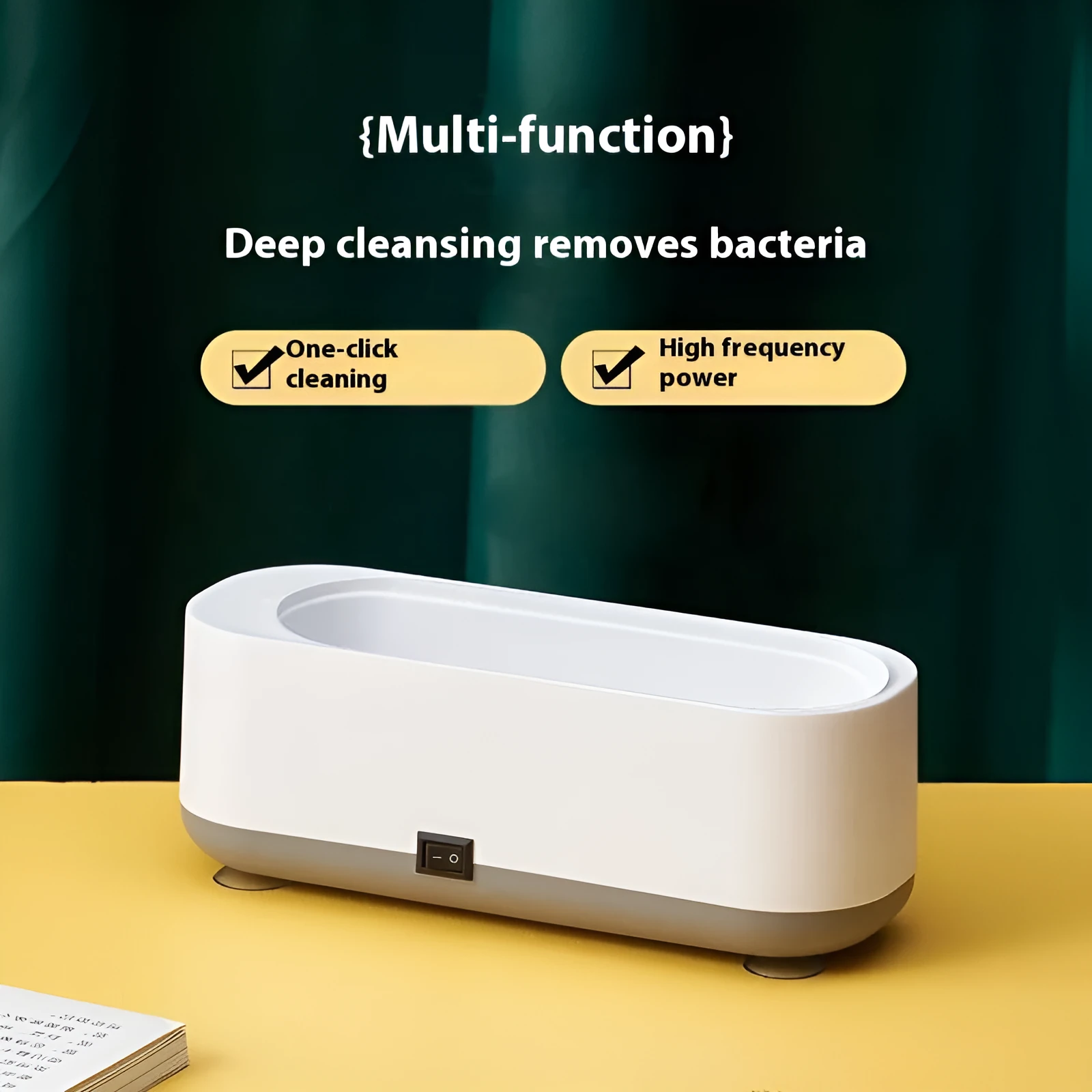 Small purple light ultrasonic glasses washing machine with USB cable and mirror cloth on white background
