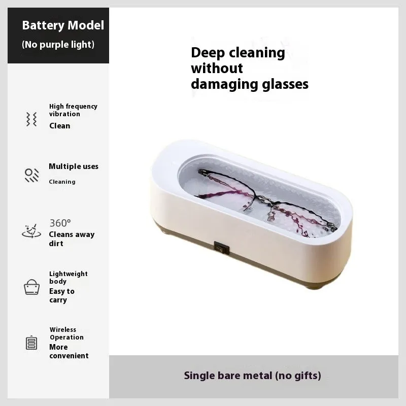 Small purple light ultrasonic glasses washing machine with USB cable and mirror cloth on white background
