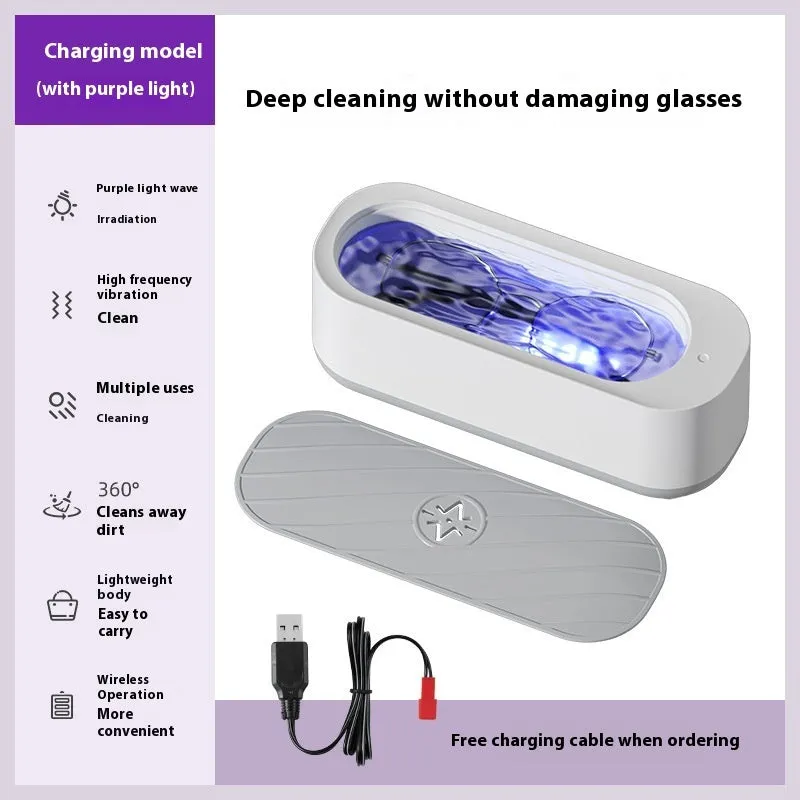 Small purple light ultrasonic glasses washing machine with USB cable and mirror cloth on white background