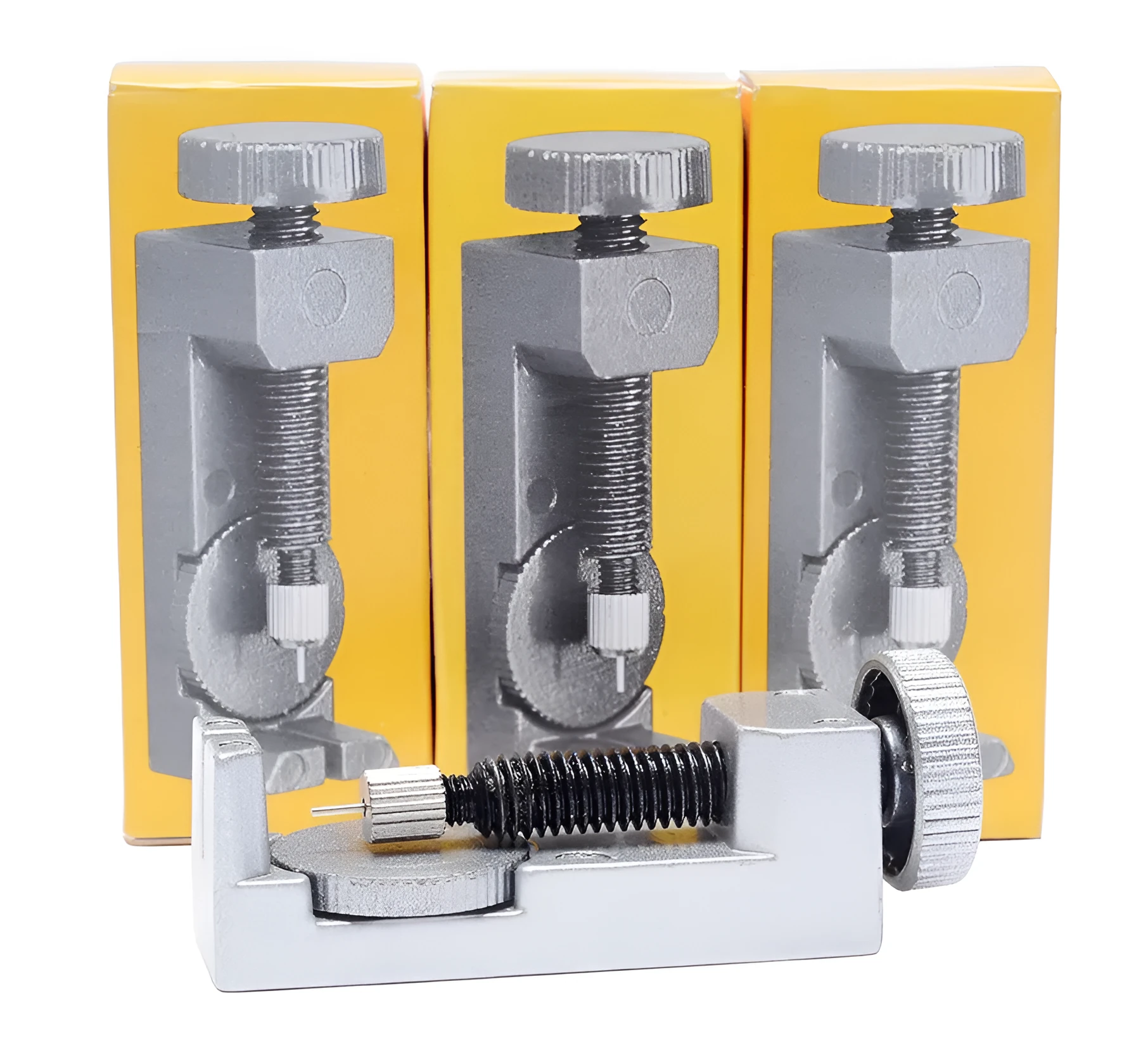 Silver metal watch strap adjuster tool with three spare needles for resizing steel bracelets