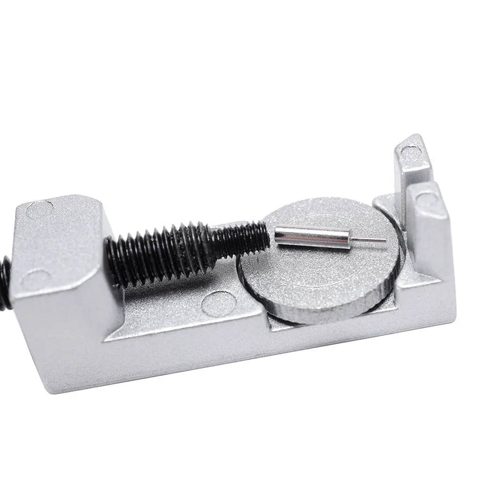 Silver metal watch strap adjuster tool with three spare needles for resizing steel bracelets