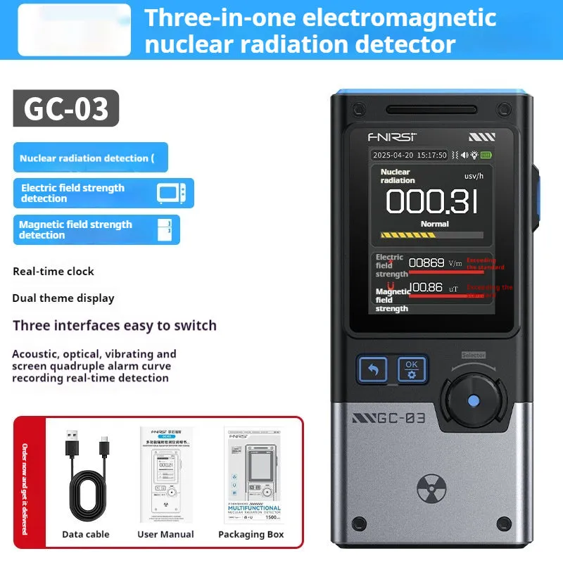 FNIRSI GC-03 black electromagnetic nuclear radiation detector with colour screen and Geiger tube