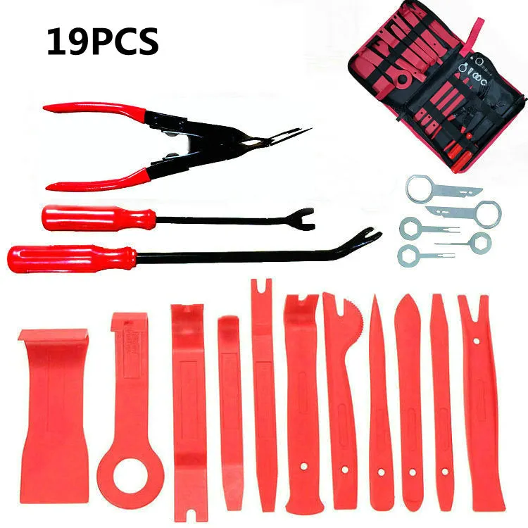 Red car audio removal tool kit for GM series vehicles in multiple pack sizes from 11 to 456 pieces with OPP bag packaging