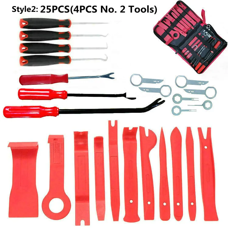 Red car audio removal tool kit for GM series vehicles in multiple pack sizes from 11 to 456 pieces with OPP bag packaging