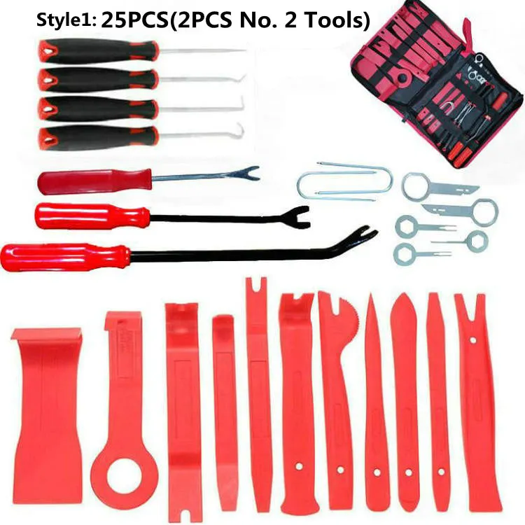 Red car audio removal tool kit for GM series vehicles in multiple pack sizes from 11 to 456 pieces with OPP bag packaging