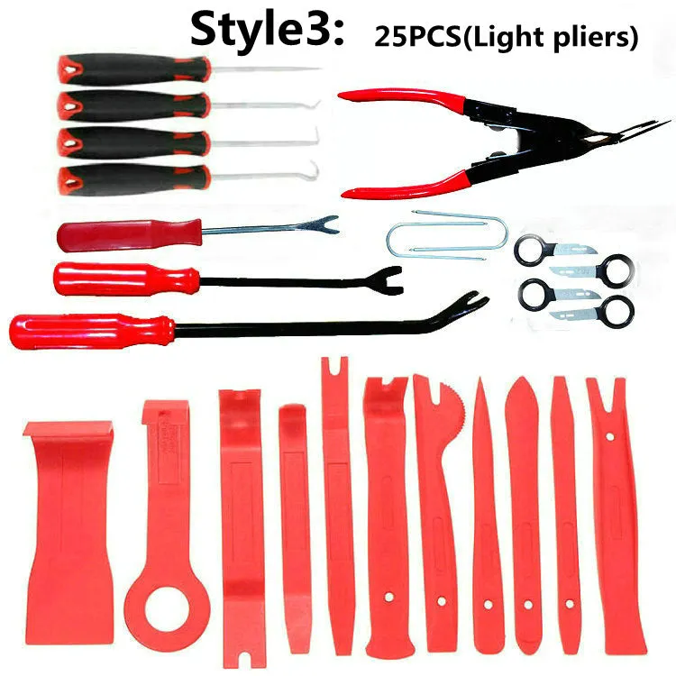 Red car audio removal tool kit for GM series vehicles in multiple pack sizes from 11 to 456 pieces with OPP bag packaging