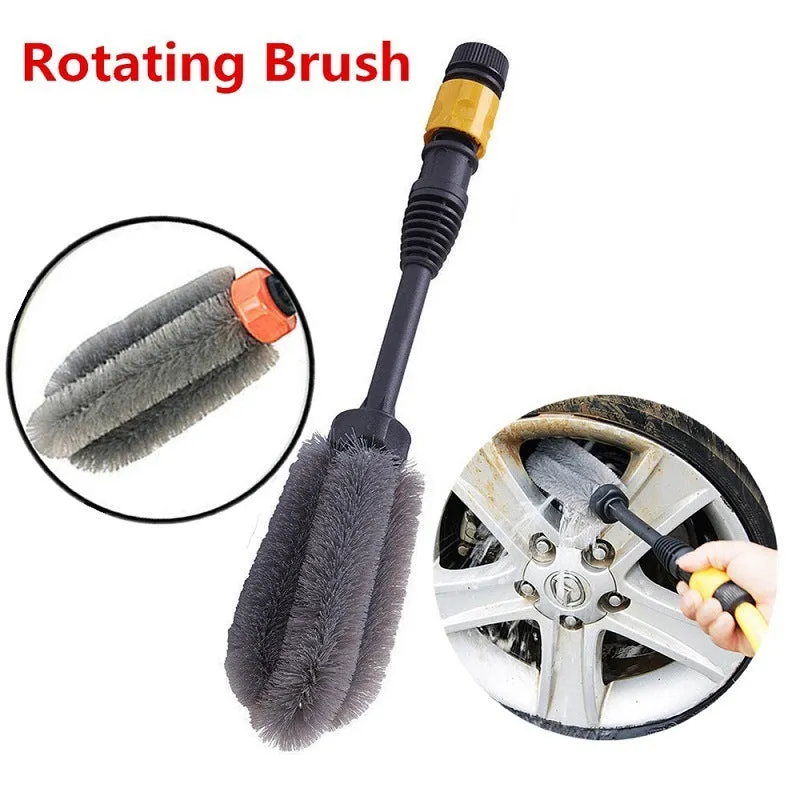 Quick plug high-pressure car wash wheel hub brush with steel wire bristles and flow-through design