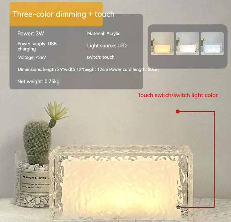 Clear acrylic geometric ice cube shaped night lamp glowing with soft colour changing light.