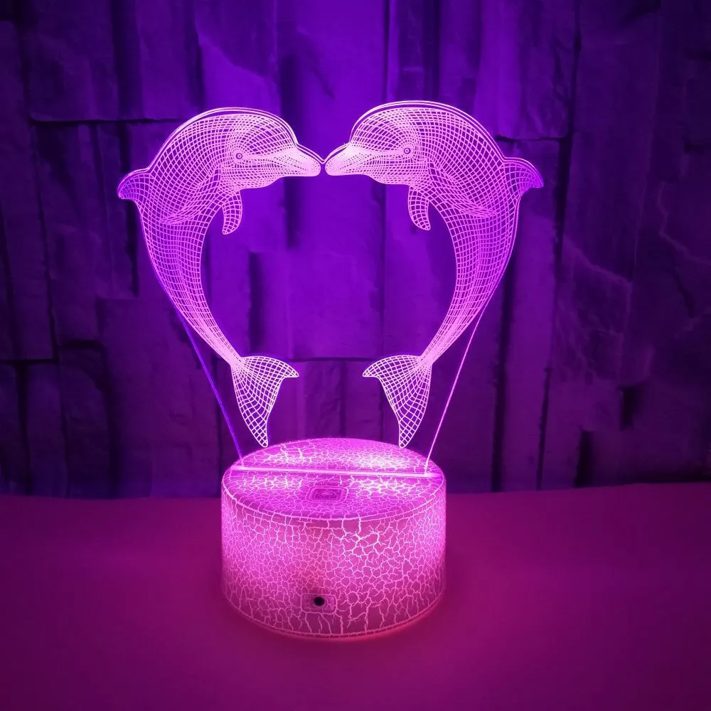 Boutique gift box with colourful 3D dolphin illusion LED touch table lamp, acrylic shade, black cracked finish