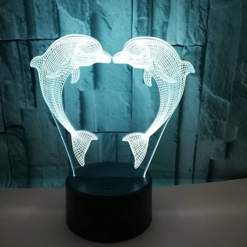 Boutique gift box with colourful 3D dolphin illusion LED touch table lamp, acrylic shade, black cracked finish