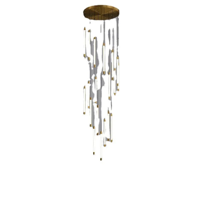 All copper duplex staircase long chandelier with LED light, 800mm diameter, single head, hanging in a tall room