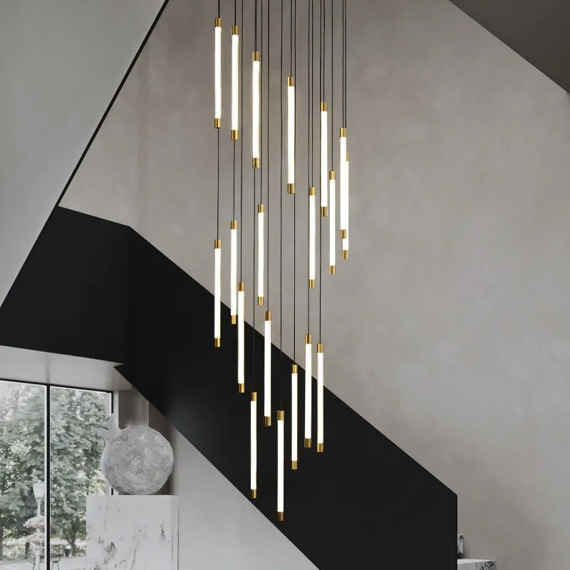 All copper duplex staircase long chandelier with LED light, 800mm diameter, single head, hanging in a tall room