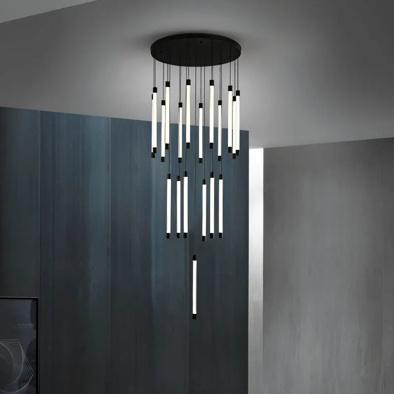 All copper duplex staircase long chandelier with LED light, 800mm diameter, single head, hanging in a tall room