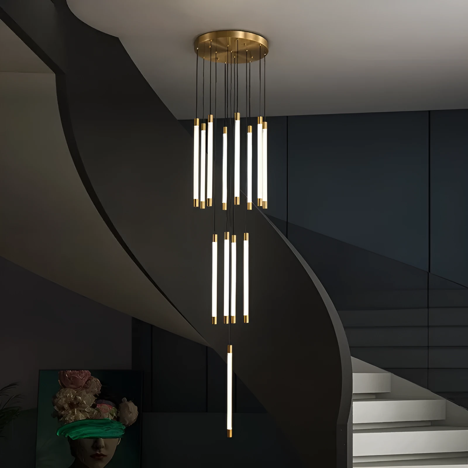 All copper duplex staircase long chandelier with LED light, 800mm diameter, single head, hanging in a tall room
