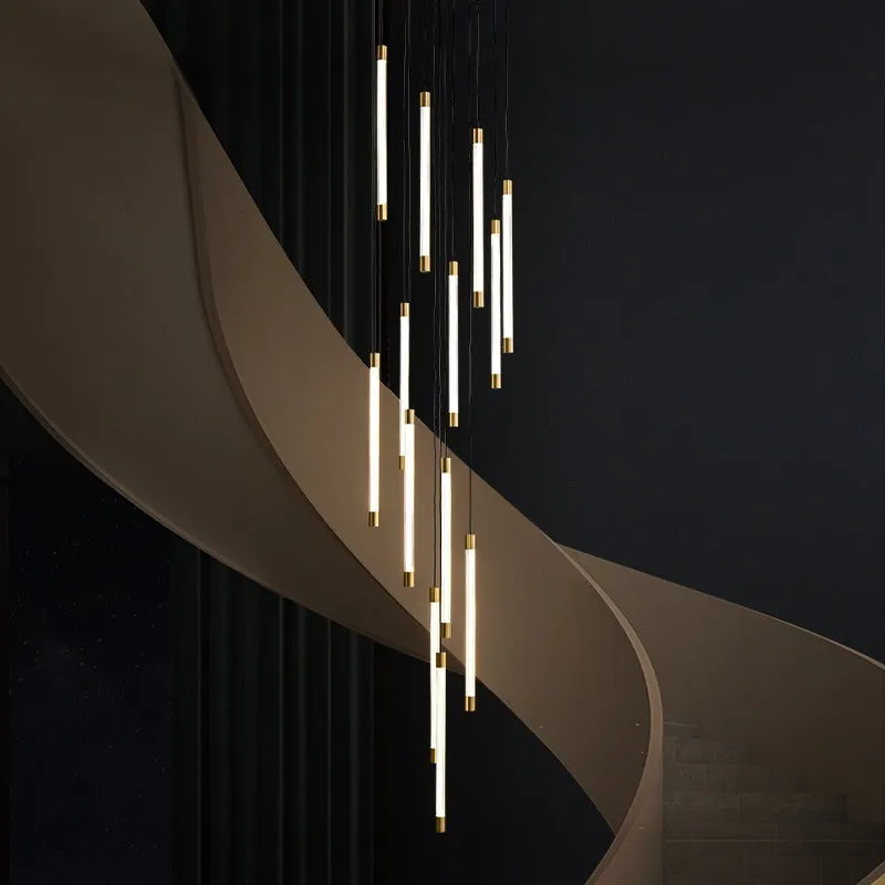 All copper duplex staircase long chandelier with LED light, 800mm diameter, single head, hanging in a tall room