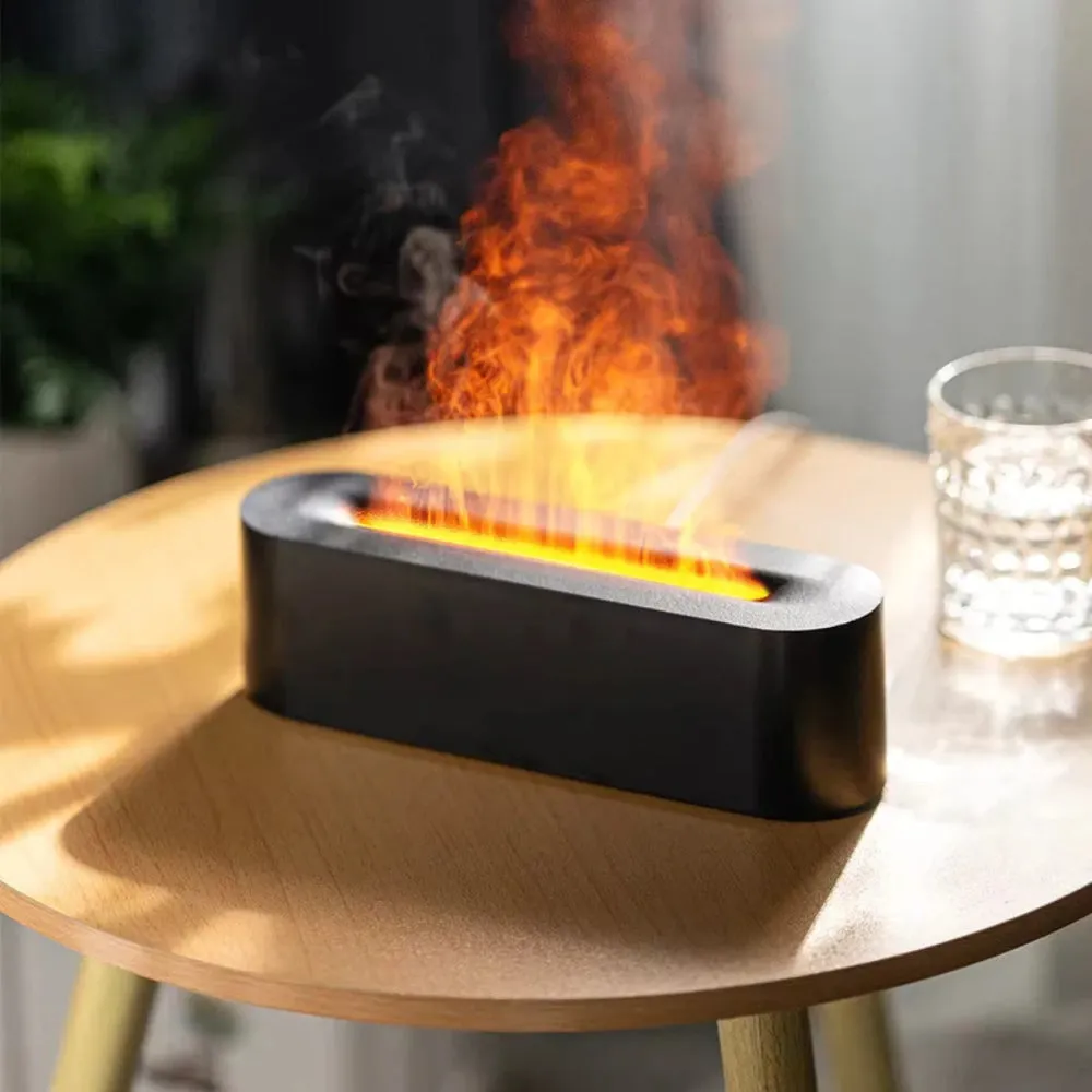 Square desktop humidifier with lava flame lighting effect in black or white colour options