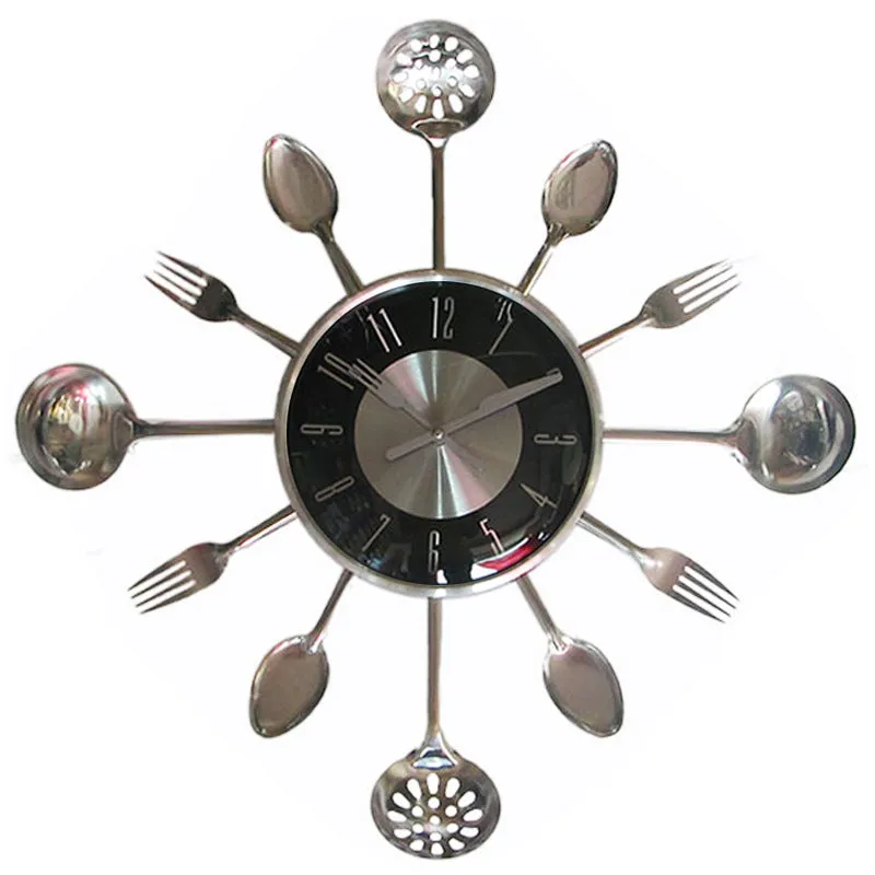 Round 18 inch metal wall clock with stainless steel knife and fork decoration on dial, black colour