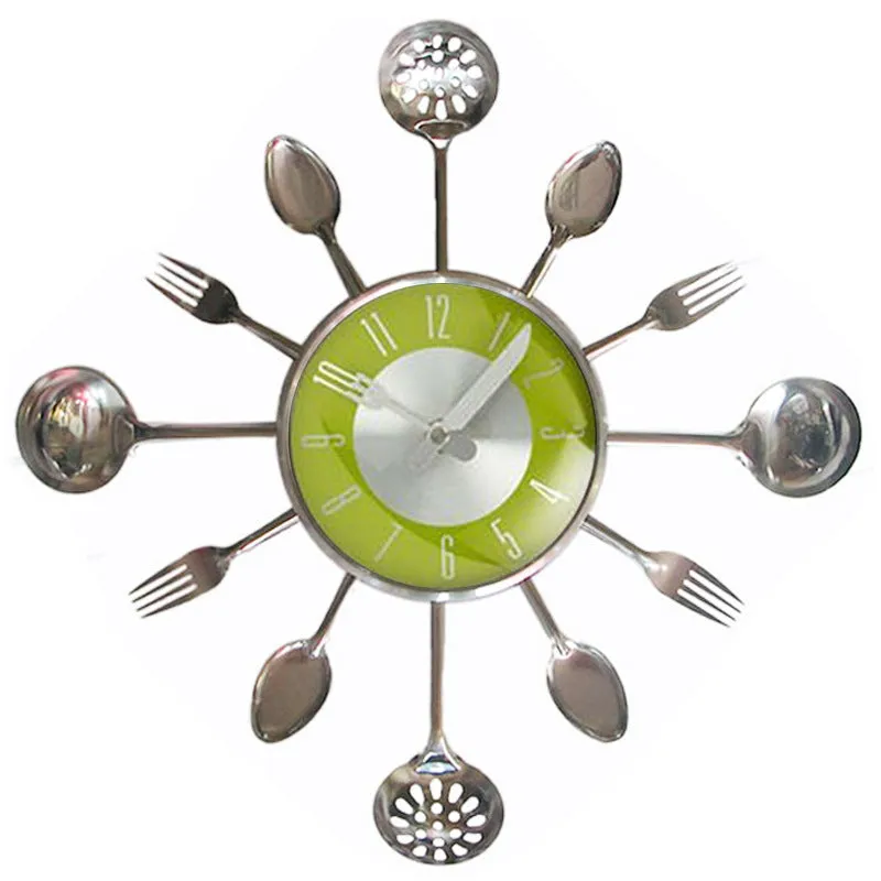 Round 18 inch metal wall clock with stainless steel knife and fork decoration on dial, black colour