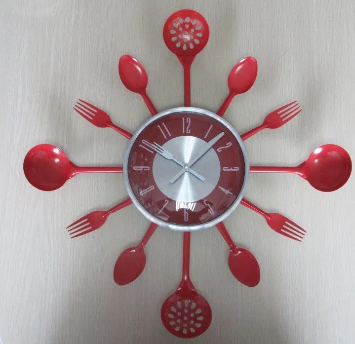 Round 18 inch metal wall clock with stainless steel knife and fork decoration on dial, black colour