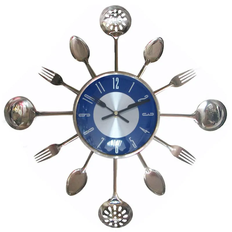Round 18 inch metal wall clock with stainless steel knife and fork decoration on dial, black colour