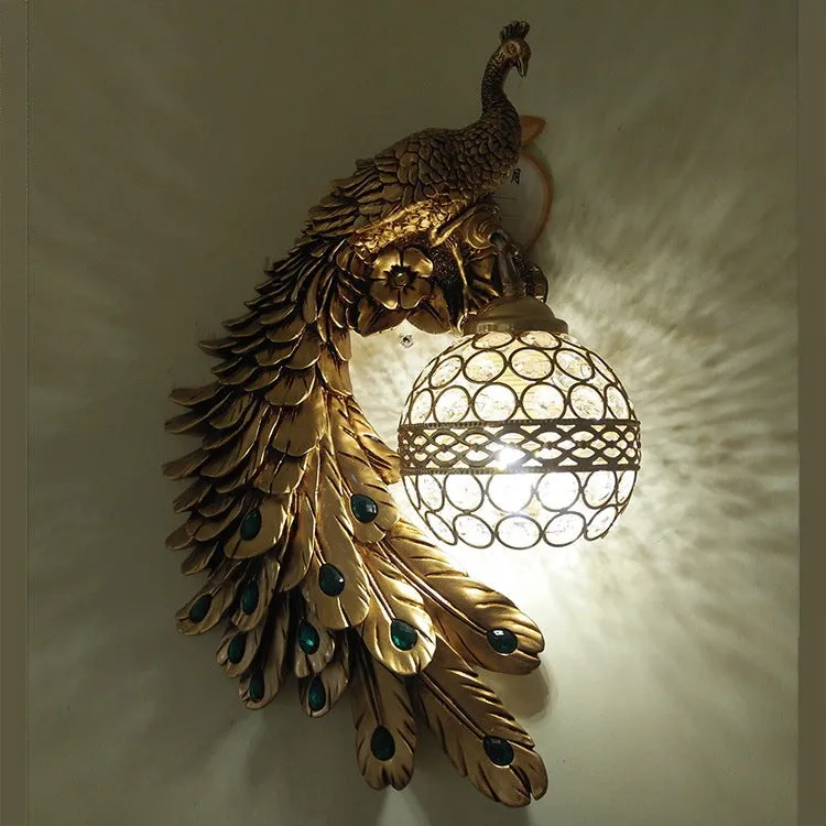 Creative resin peacock wall lamp in blue left colour with integrated LED for corridor and room decoration