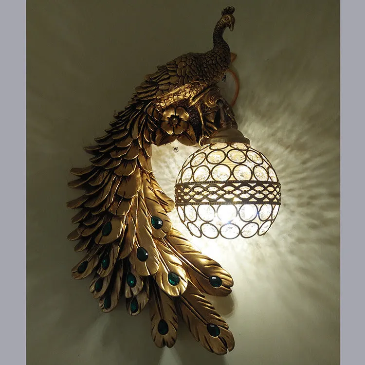 Creative resin peacock wall lamp in blue left colour with integrated LED for corridor and room decoration