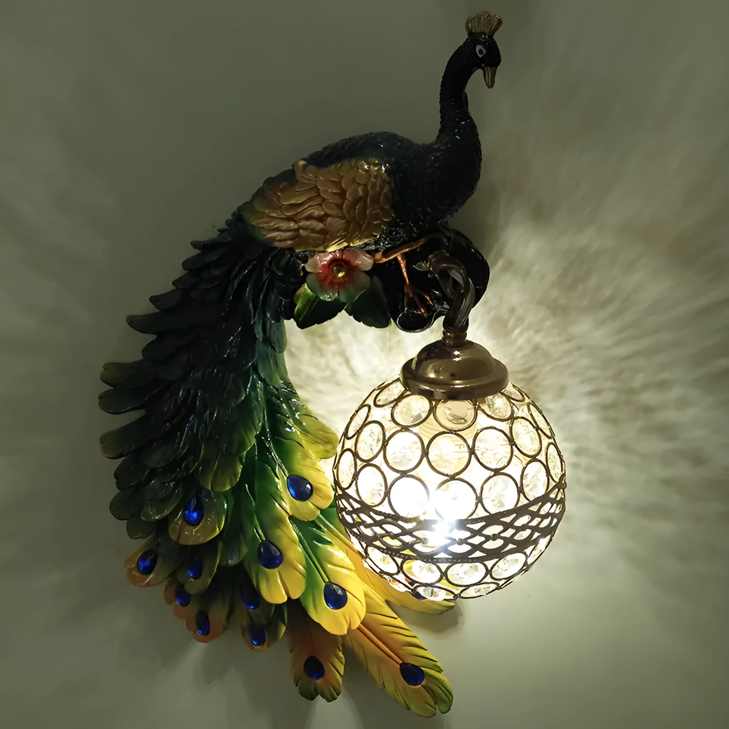 Creative resin peacock wall lamp in blue left colour with integrated LED for corridor and room decoration