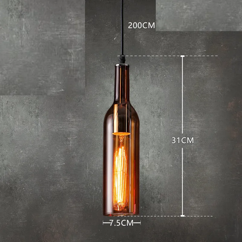 Nordic style wine bottle glass chandelier with five coloured shades in amber, metal ceiling plate, and 200cm drop line