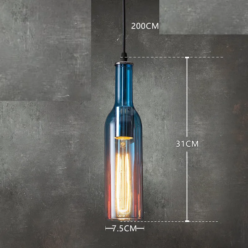 Nordic style wine bottle glass chandelier with five coloured shades in amber, metal ceiling plate, and 200cm drop line