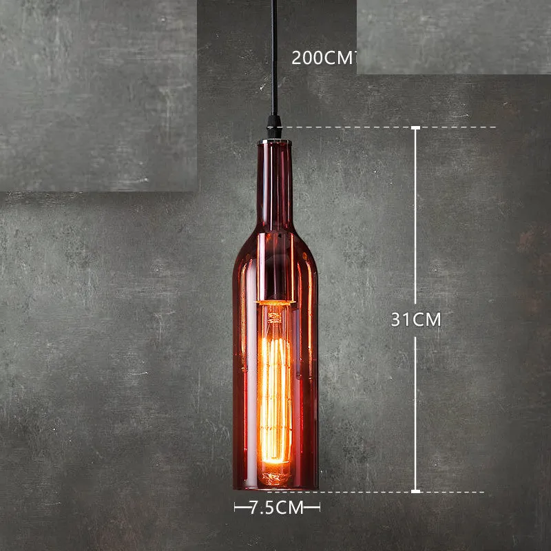 Nordic style wine bottle glass chandelier with five coloured shades in amber, metal ceiling plate, and 200cm drop line