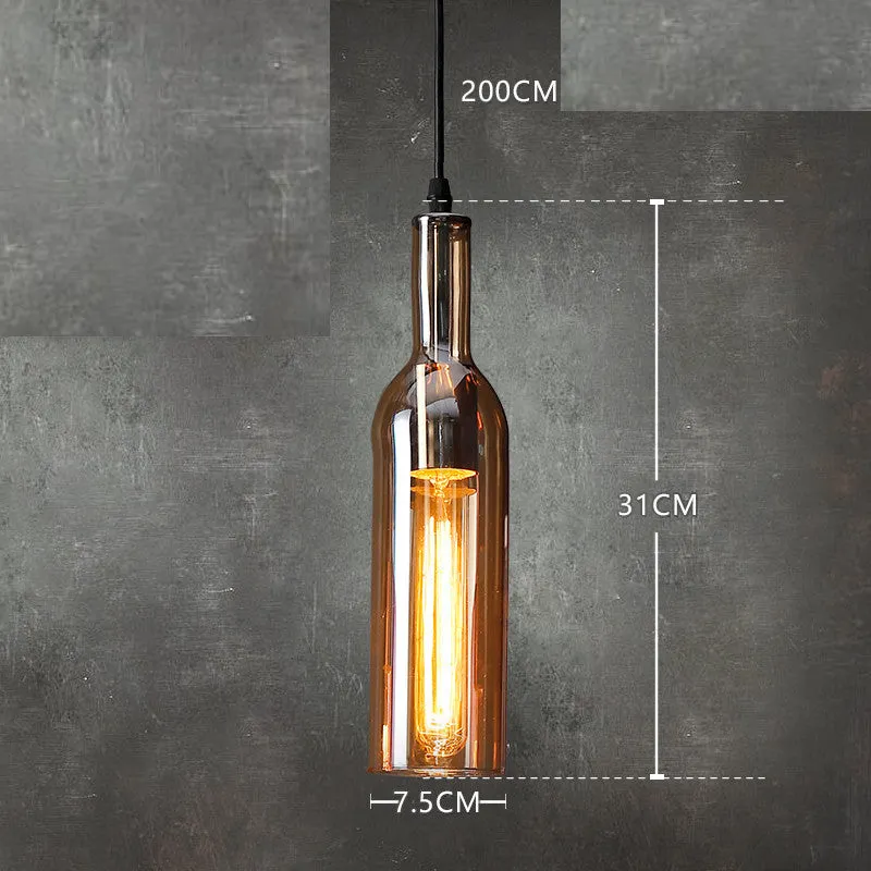 Nordic style wine bottle glass chandelier with five coloured shades in amber, metal ceiling plate, and 200cm drop line