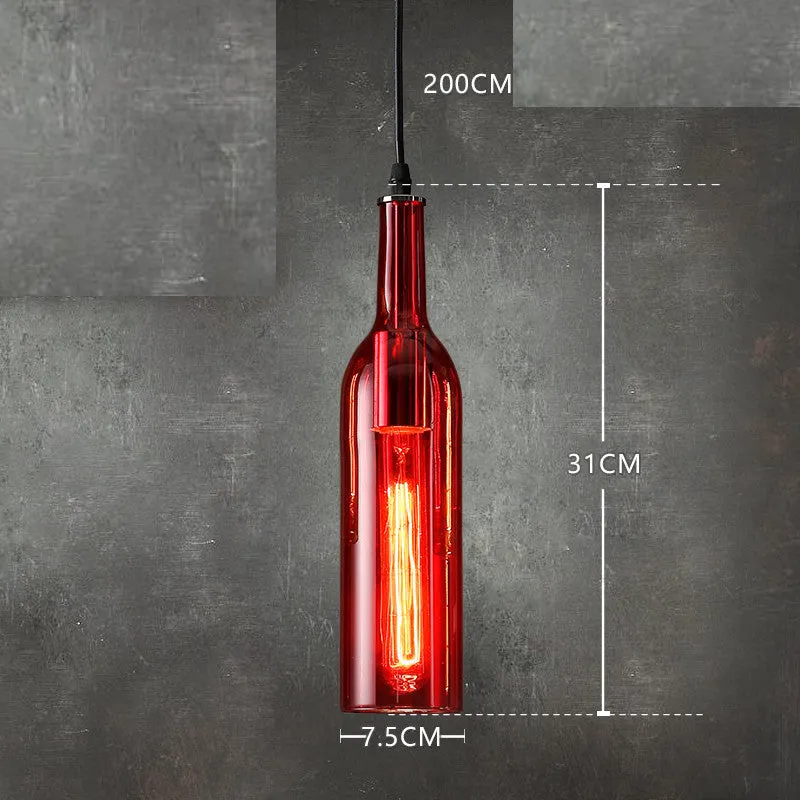 Nordic style wine bottle glass chandelier with five coloured shades in amber, metal ceiling plate, and 200cm drop line