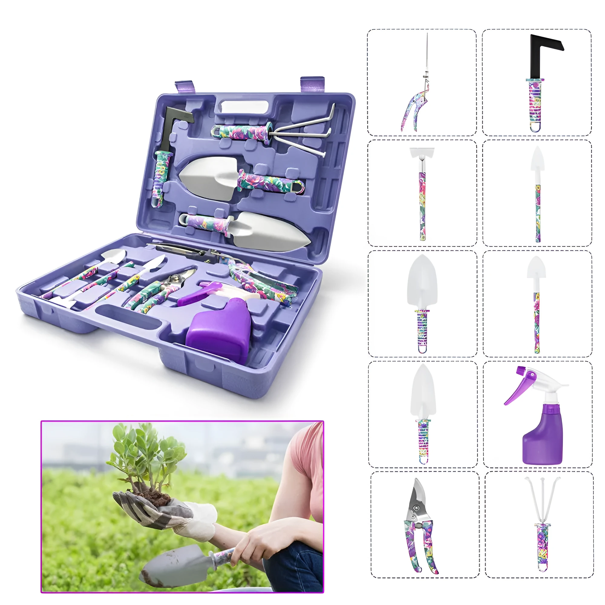 Green camouflage garden tool set in plastic case with stainless steel shovel, rake, scissors, and kettle
