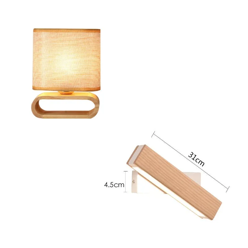 Nordic Japanese bedside table lamp with rubber wood holder, Φ170mm by H230mm, on a nightstand