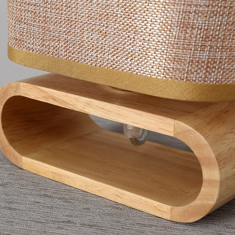 Nordic Japanese bedside table lamp with rubber wood holder, Φ170mm by H230mm, on a nightstand
