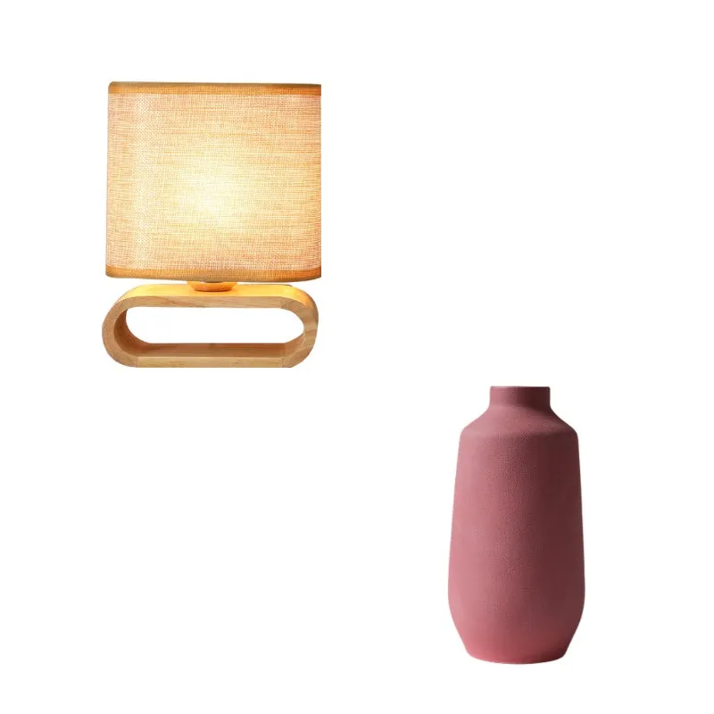 Nordic Japanese bedside table lamp with rubber wood holder, Φ170mm by H230mm, on a nightstand