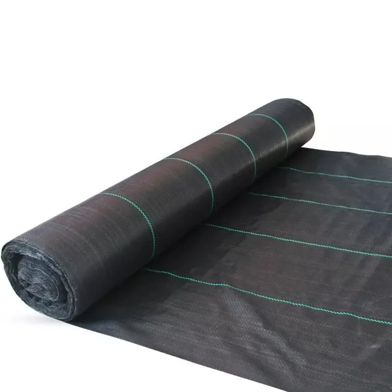 Black PE plastic weed control cloth laid flat with measuring tape showing dimensions for greenhouse and farmland use