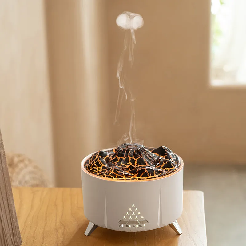 White mini simulated flame ultrasonic aromatherapy humidifier on wooden surface with remote control