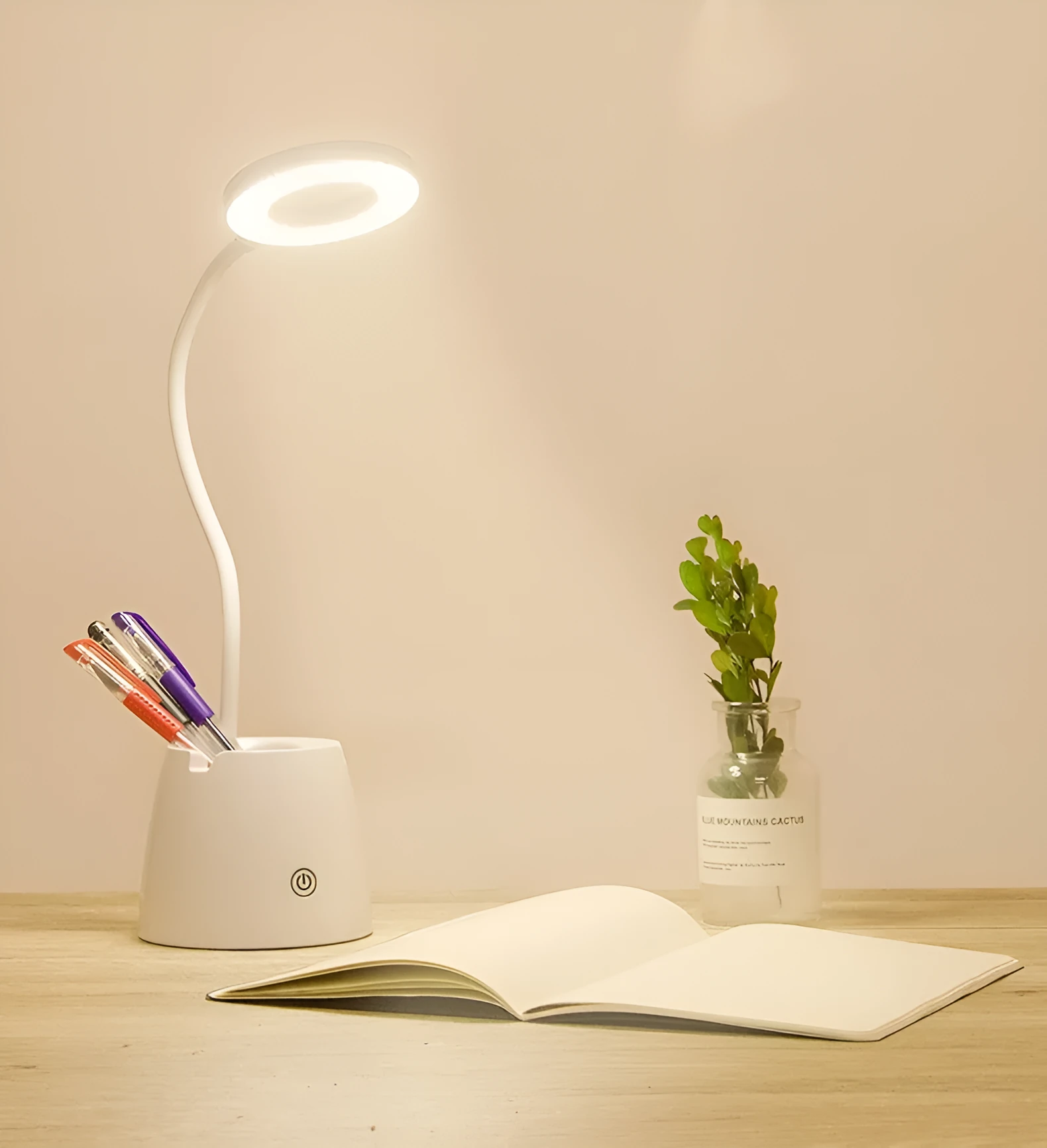 LED folding eye protection table lamp in beige with three colour temperature settings and rechargeable battery