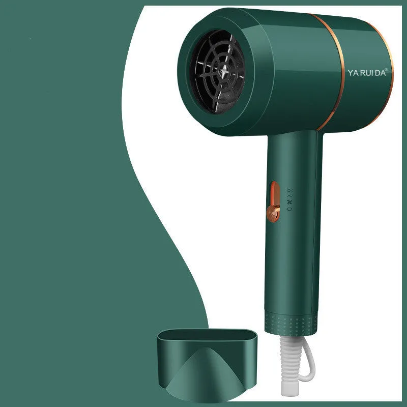 Portable folding low power ABS hair dryer in blue with folding handle and two-pin plug