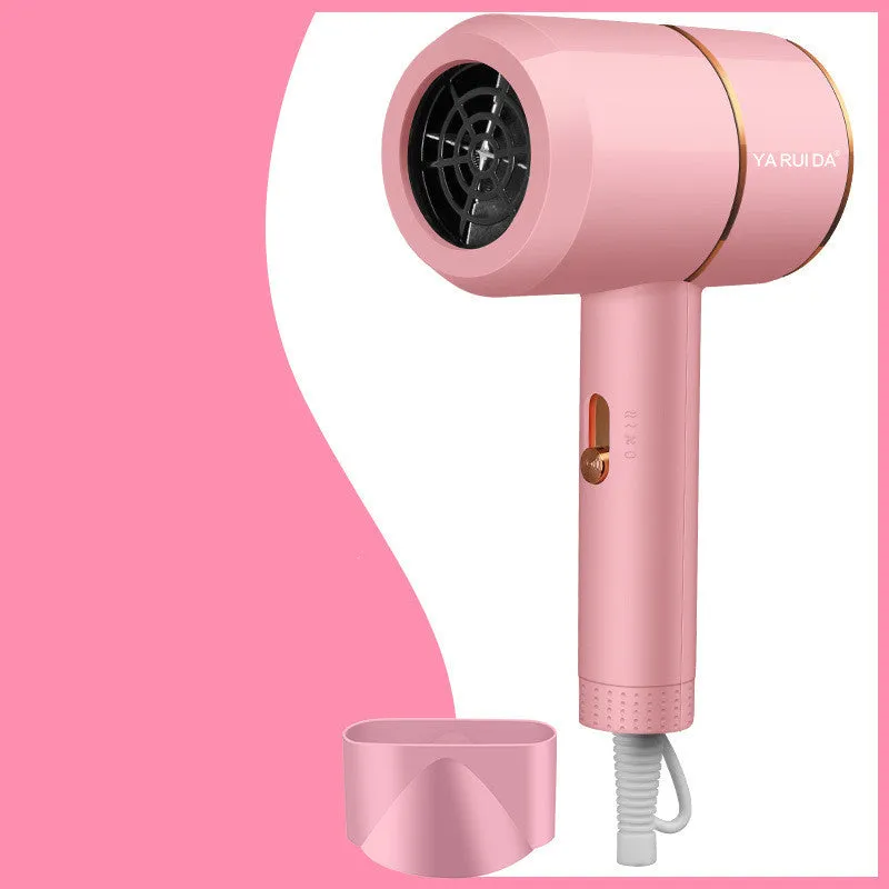 Portable folding low power ABS hair dryer in blue with folding handle and two-pin plug