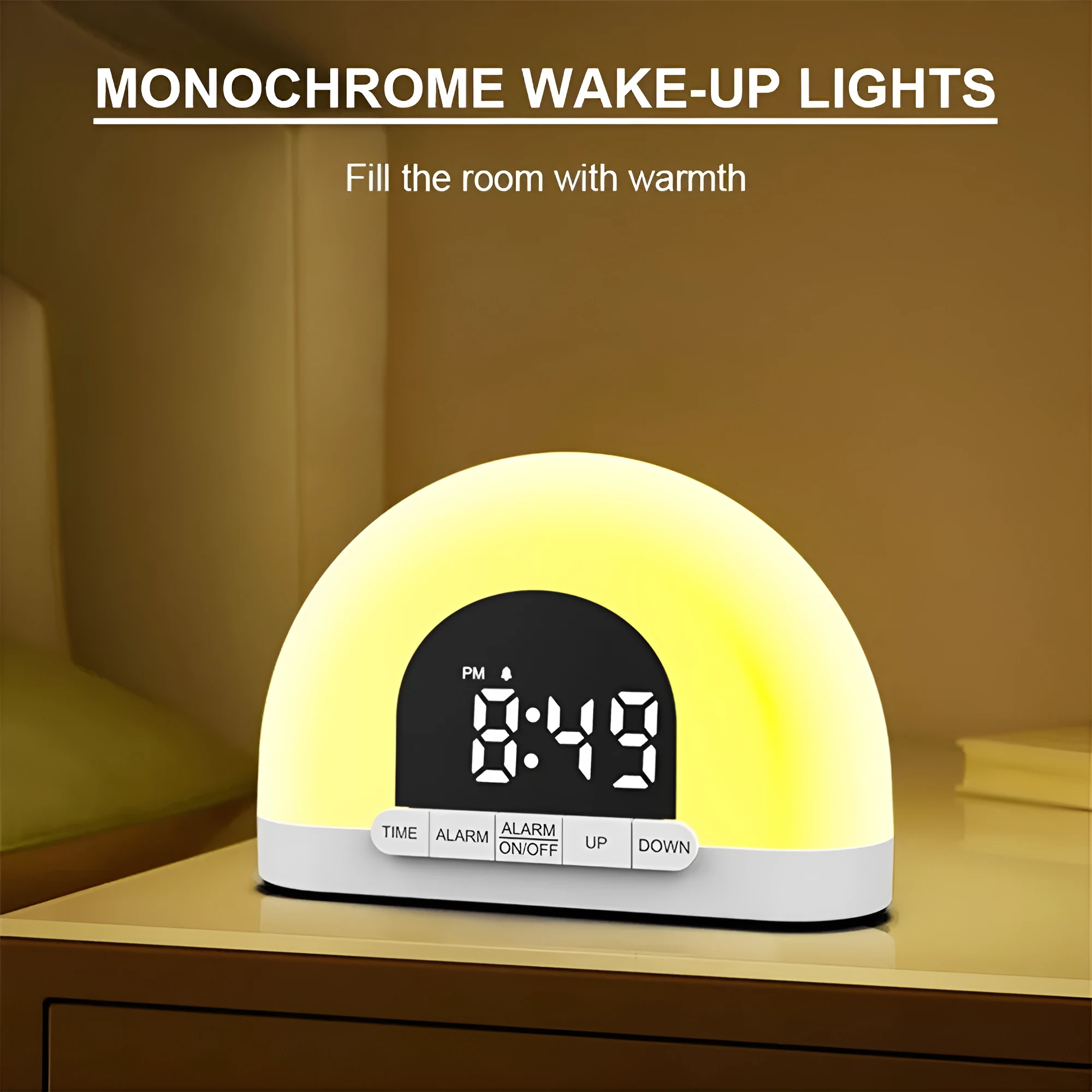 Wake-up light simulated sunrise alarm clock with white display and ABS shell, 150x50x105mm, on a bedside table