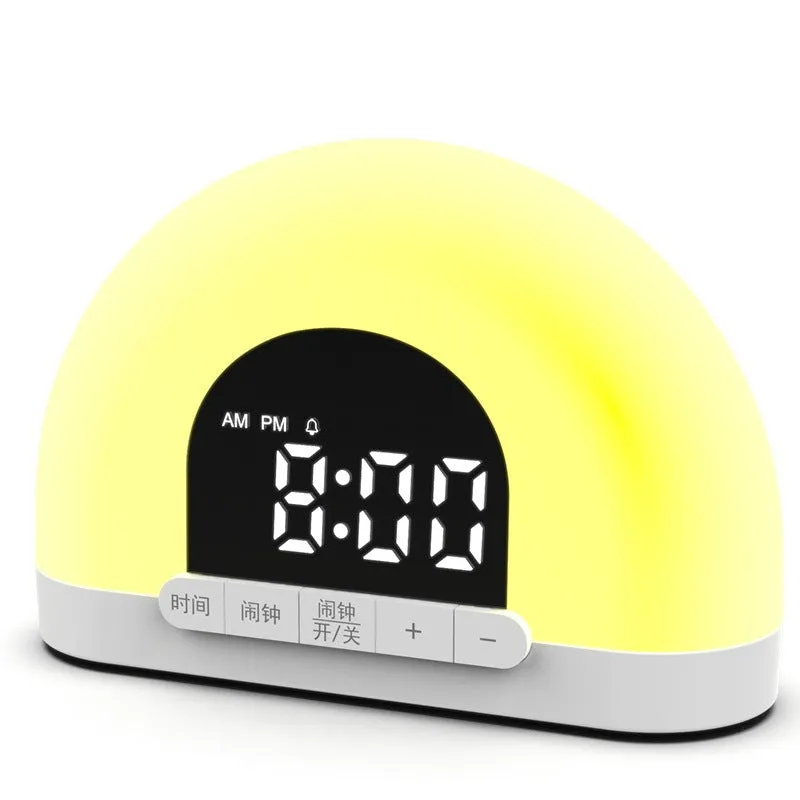 Wake-up light simulated sunrise alarm clock with white display and ABS shell, 150x50x105mm, on a bedside table