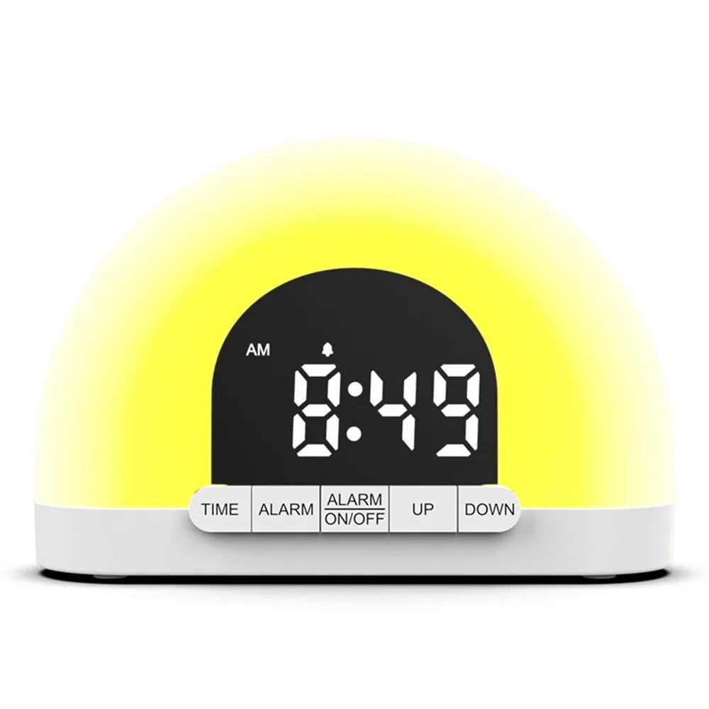 Wake-up light simulated sunrise alarm clock with white display and ABS shell, 150x50x105mm, on a bedside table