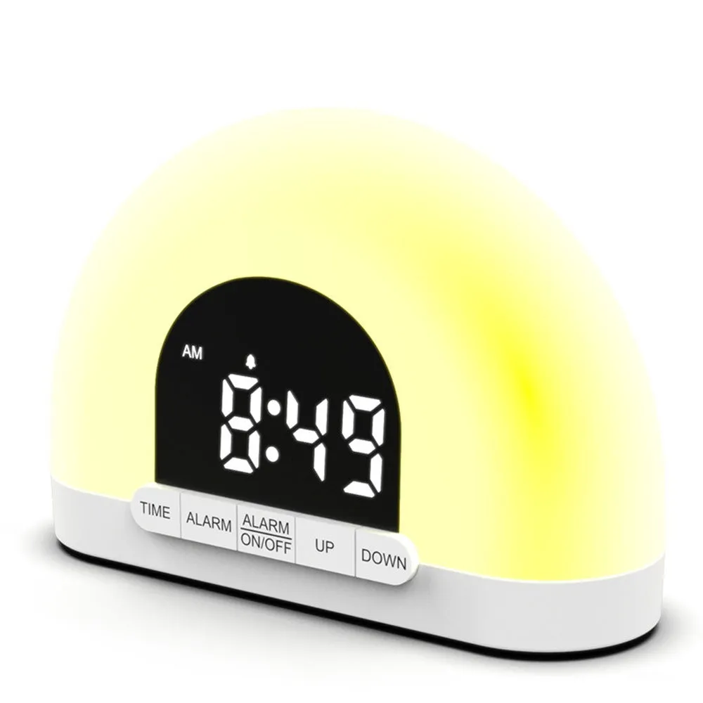 Wake-up light simulated sunrise alarm clock with white display and ABS shell, 150x50x105mm, on a bedside table