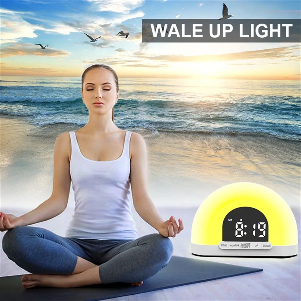 Wake-up light simulated sunrise alarm clock with white display and ABS shell, 150x50x105mm, on a bedside table