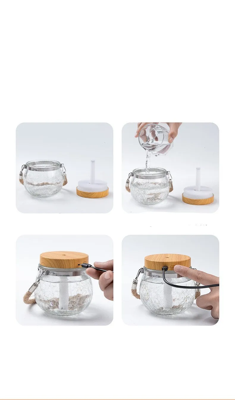 Round desktop USB humidifier in white plastic and glass with heavy fog output
