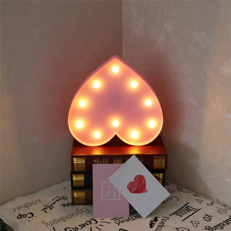 Romantic 3D love heart marquee letter nights lamp in pink plastic with warm white LEDs, wall mounted