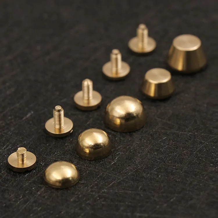 Brass decorative buckle showing round and bucket foot nail styles in 10x6mm and 12x7mm sizes