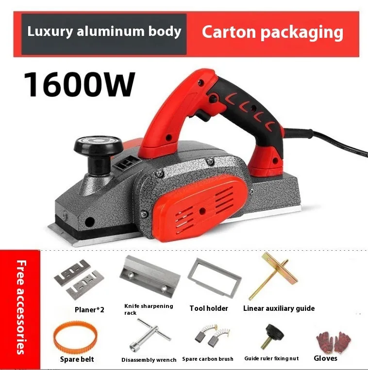Red aluminium electric wood planer with 82mm width on workbench